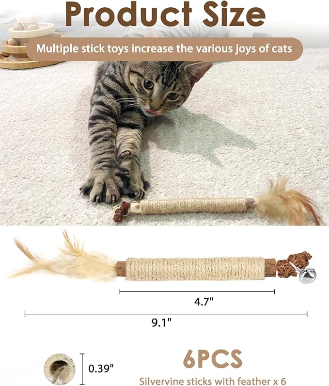 Tocirelo Cat Toys for Indoor Cats - 6Pack Silvervine Sticks Cat Enrichment Toys, Matatabi Kitten Teething Chew Toys with Bell and Feathers for Aggressive Chewers, Cat Dental Treat for Teeth Cleaning