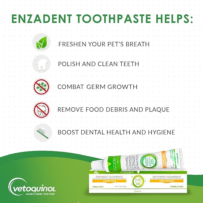 Vetoquinol Enzadent Enzymatic Toothpaste for Cats & Dogs – 3.2 oz, Poultry Flavor – Triple Enzyme Formula for Healthy Teeth & Gums – Oral Dental Care: Removes Plaque, Polishes Teeth & Freshens Breath