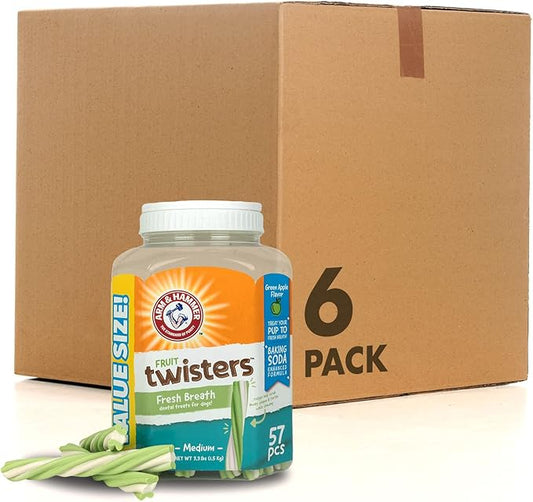 Arm & Hammer Fruit Twisters Dental Treats for Dogs, Value Pack Bucket Green Apple Flavored Dog Dental Chews Fight Bad Breath, Plaque & Tartar Without Brushing for Dog (Pack of 1,57 Count Total)