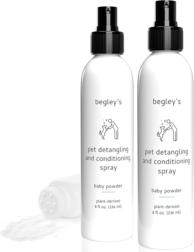 Begley's Natural Pet Detangling Spray - Premium Essential Oil Scented Detangler Spray for Dogs, Puppies & Cats - Dog Leave in Conditioner Spray - Dematting Spray for Dogs & Pets - 8 oz, Baby Powder