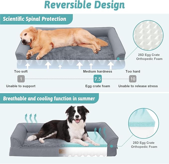 Orthopedic Dog Beds for Extra Large Dogs, Waterproof Memory Foam XXL Dog Bed with Sides, Non-Slip Bottom and Egg-Crate Foam Big Dog Couch Bed with Washable Removable Cover, Grey (U-shaped)