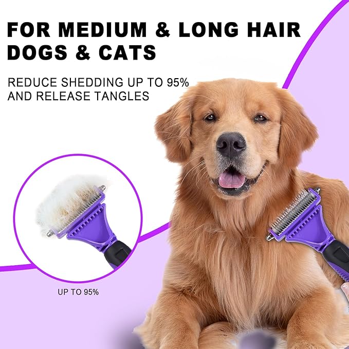 Pet Grooming Brush, Double Sided Undercoat Rake for Dogs & Cats, Professional Deshedding Brush and Dematting Tool, Safe and Effective Removing Knots, Mats, Tangles,and Flying Hair