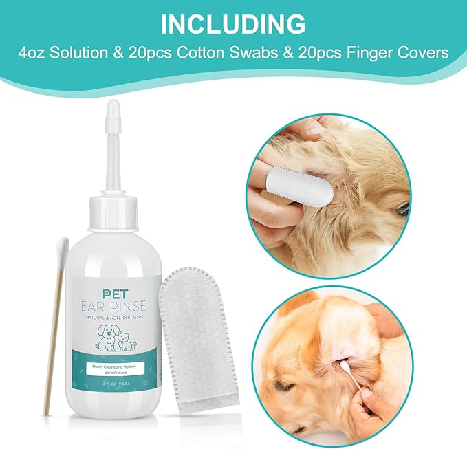 Dog Ear Cleaner Set, 4oz Dog Ear Cleaning Solution & 20pcs Cotton Swabs & 20pcs Finger Covers, Ear Cleaner for Cats
