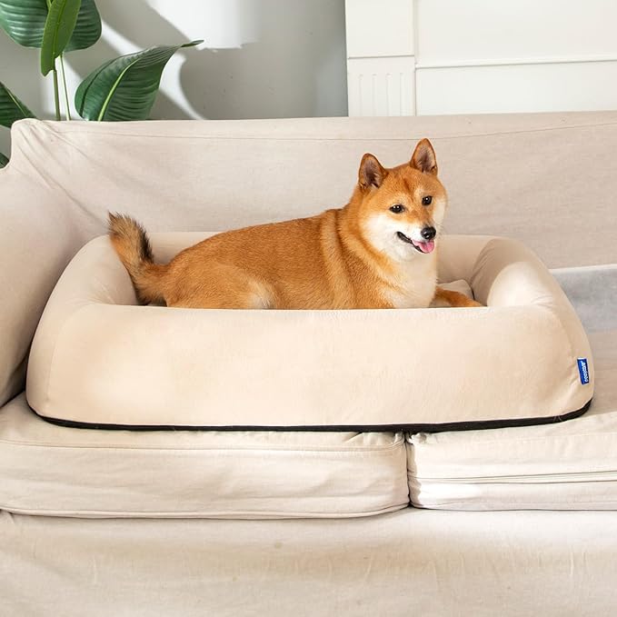 Orthopedic Dog Bed for Large Dogs Waterproof Pet Bed Soft Sofa with Two Fabrics Washable Removable Cover Egg Foam Support Anti-Slip Bottom Extra Head and Neck Support Sleeper,L Beige