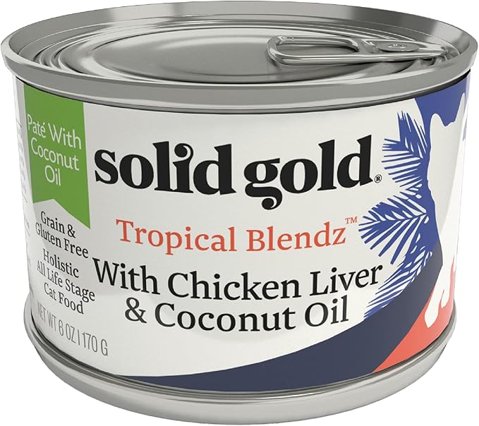 Solid Gold Wet Cat Food Pate for Adult & Senior Cats - Real Chicken Liver & Coconut Oil - Tropical Blendz Grain Free Wet Cat Food for Healthy Digestion, Skin, Coat & Sensitive Stomach - 16ct/6oz Can