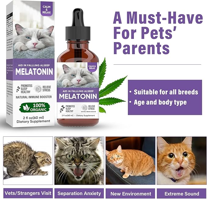 Melatonin for Cats, 2 Fl oz Cat Calming, Supports Restful Sleep for Your Cat, Anxiety Relief & Promote Relaxation