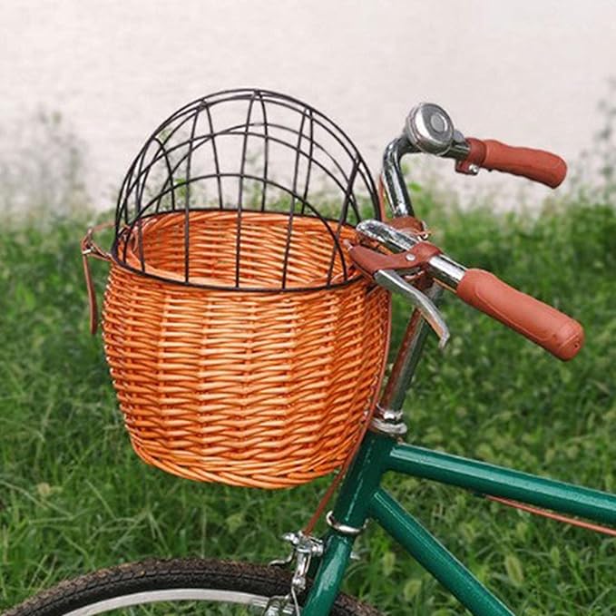 Bike Pet Carrier, Bike Basket for Small Dogs Cats Pet Carrier Front Basket with Wire Mesh Cover (Honey Color)