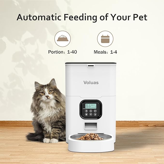 VOLUAS Automatic Cat Feeders - Pet Food Dispenser for Dry Food, Timed Cat Feeder with Desiccant Bag, Programmable Portion Size Control 4 Meals Per Day, 10s Voice Recorder