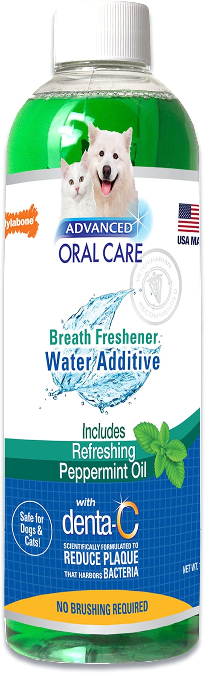 Nylabone Advanced Oral Care Cat & Dog Water Additive for Dental Care - Liquid Tartar Remover - Dog Breath Freshener & Teeth-Cleaning Liquid - Peppermint (16 oz.)