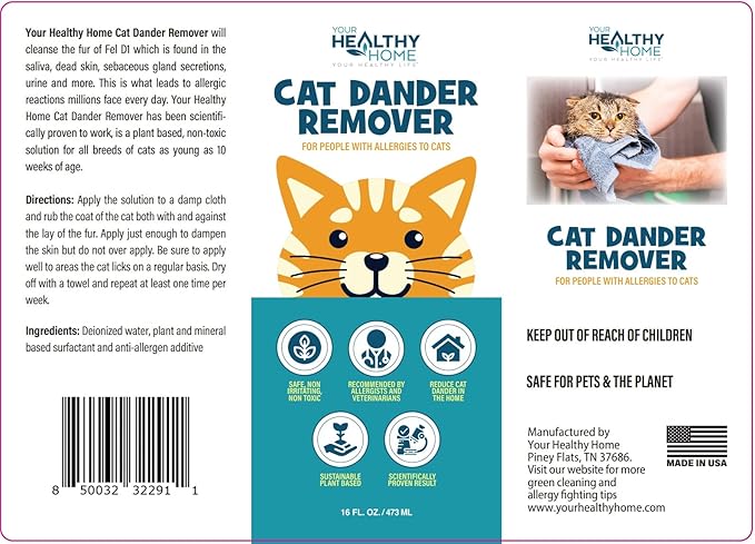 All Natural Cat Dander Remover, Cat Dander Spray|Like A Waterless Cat Shampoo|Provides Cat Allergy Relief for Humans & Cats| Made in USA