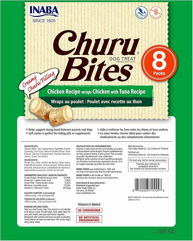 INABA Churu Bites for Dogs, Grain-Free, Soft/Chewy Baked Chicken Wrapped Churu Filled Dog Treats, 0.42 Ounces Each Tube | 24 Tubes Total (8 Tubes per Pack), Chicken with Tuna Recipe