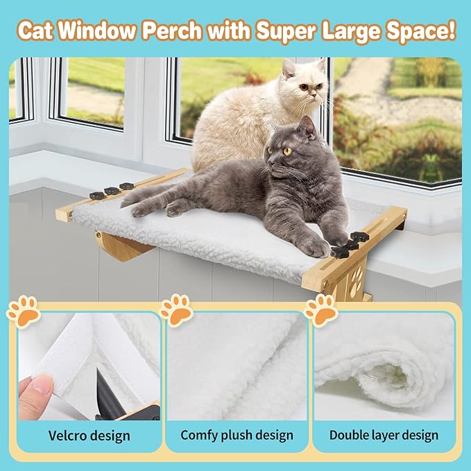 Cat Window Perch Sturdy Cat Window Hammock with Wood and Metal Frame-No Drilling Required-Multiple Ways to Use-Cat Bed for Windowsill,Floor,Bedside or Cabinet-Suitable for Large Cats(L-White Plush)