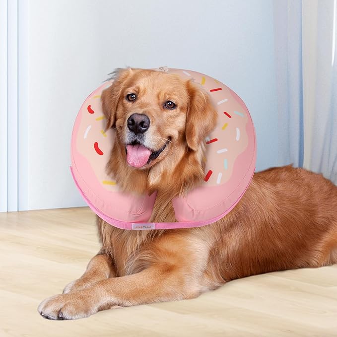 Waterproof Inflatable Dog Cone,Adjustable Recovery Collar for Dogs After Surgery,Prevent from Biting & Scratching,Not Block Vision (Donut Pink L)