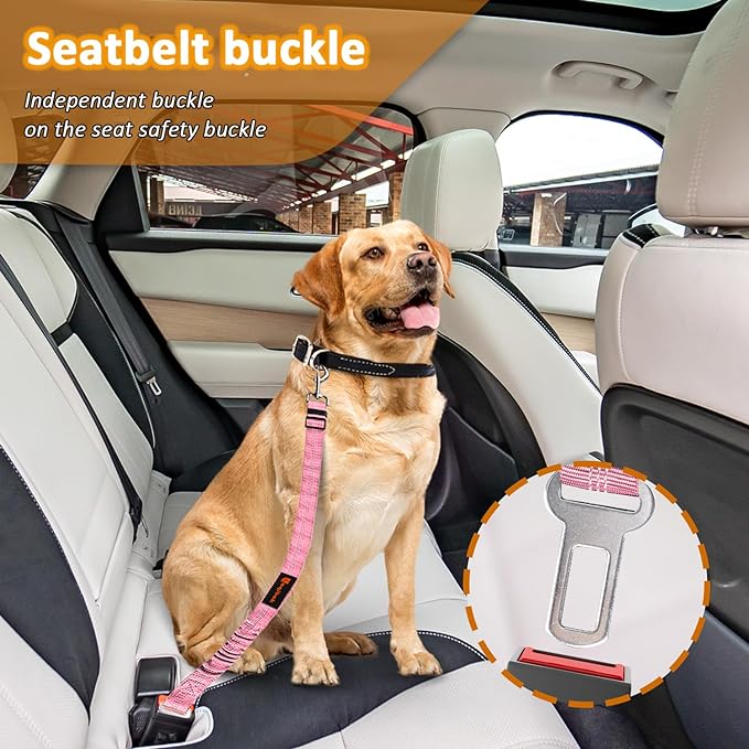 Removable Dog Seat Belts Harness for Car, 3 in 1 Pet Dog Car Seatbelt Leash, laqibak Restraint Secures to Headrest and Reflective Effect Adjustable Bungee Dog Seatbelt Tether, 2PCS and Poop Bag Holder