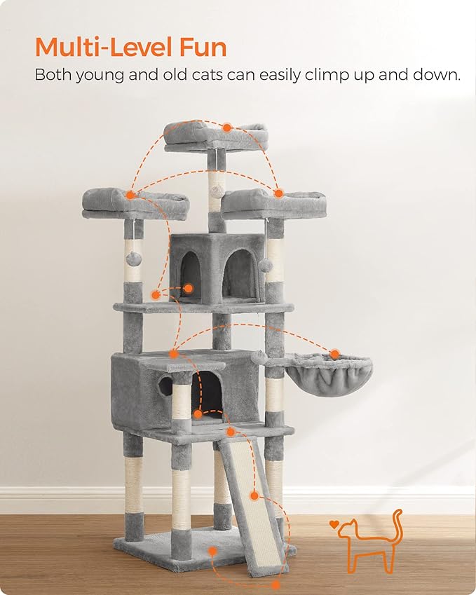 FEANDREA Cat Tree, Large Cat Tower, Cat Condo with Scratching Posts, Board, 2 Caves, 3 Plush Perches, Activity Center, 66.5 Inches, Light Gray UPCT019W01