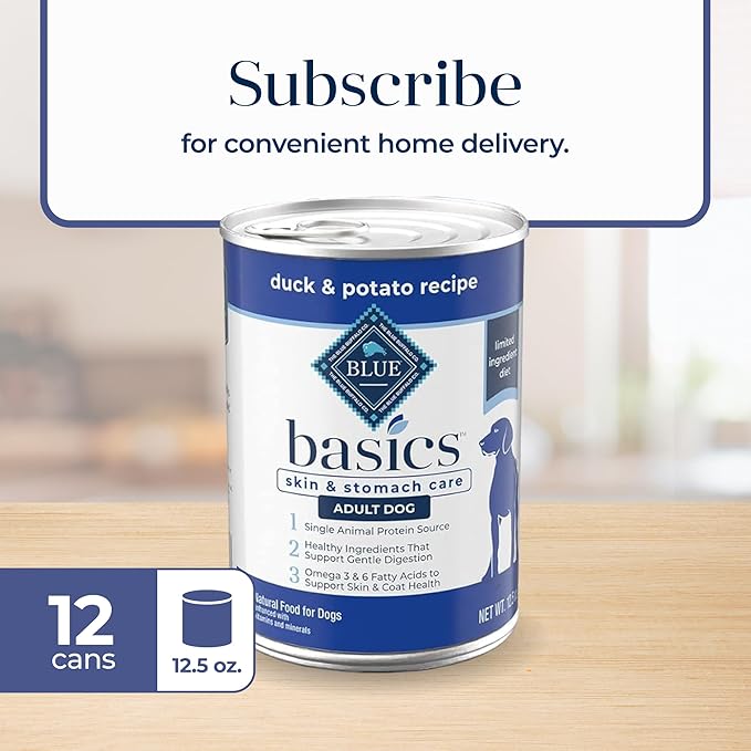 Blue Buffalo Basics Adult Grain-Free Wet Dog Food for Skin & Stomach Care, Limited Ingredient Diet, Duck & Potato Recipe, 12.5-oz. Cans (12 Count)