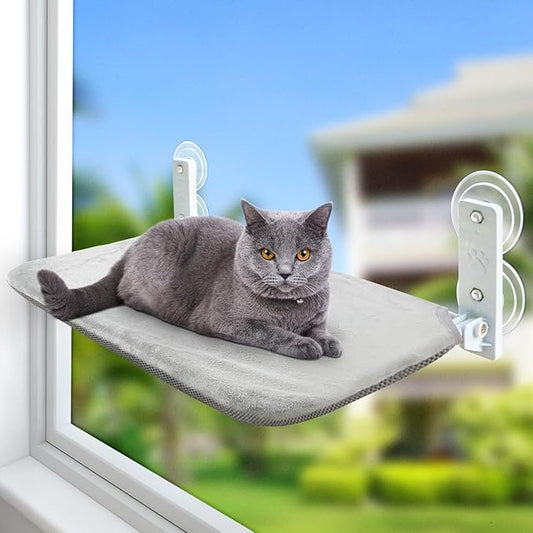 Sunhoo Cat Window Hammock Perch Cordless Perches Window Sill Seat Bed Foldable Stable Lounger Upgraded Suction Cup Easy Assembly Indoor Cats Kitty Shelf Hold Up to 55lbs (Grey, L)