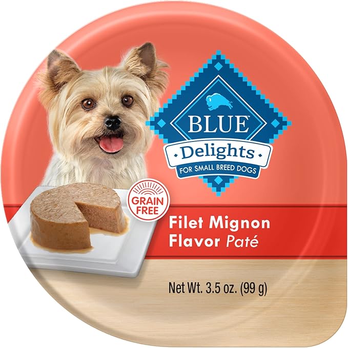 Blue Buffalo Delights Natural Adult Small Breed Wet Dog Food Cups, Pate Style, Filet Mignon Flavor in Savory Juice 3.5-oz (Pack of 12)