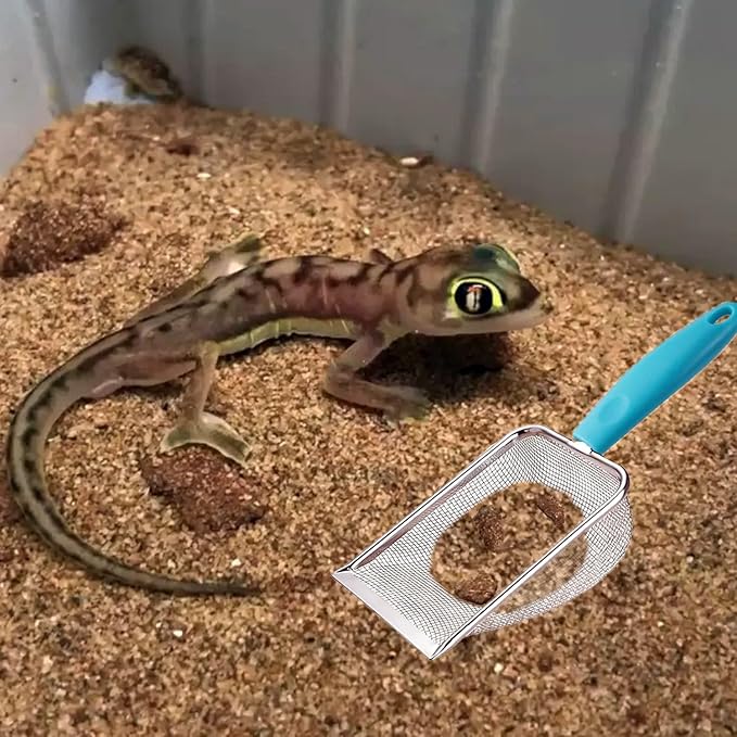 Reptile Sand Substrate Scoop Reptile Sand Fine Mesh Reptile Scooper Stainless Steel Terrarium Substrate Sand Bedding Litter Cleaner Scoop and Reptile Long Feeding Tongs Set (Pink 1mm & 2.8mm)