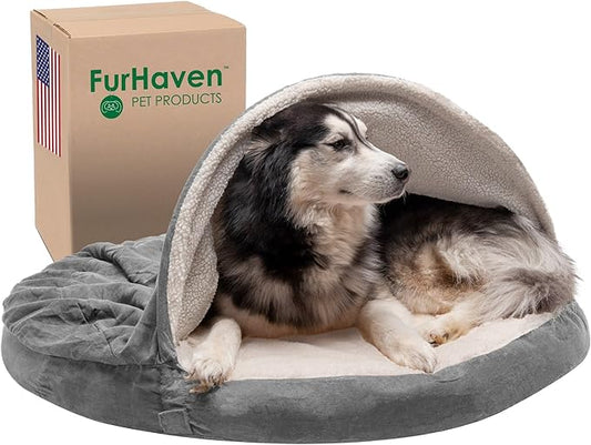 Furhaven 44" Round Memory Foam Dog Bed for Large Dogs w/ Removable Washable Cover, For Dogs Up to 80 lbs - Sherpa & Suede Snuggery - Gray, 44-inch
