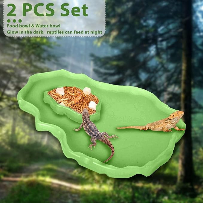 Tfwadmx Reptile Food and Water Bowl Set Luminous Bearded Dragon Dishes Tortoise Feeder Lizard Habitat Large and Small Amphibian Feeding Plates Terrarium DéCor for Turtle Gecko Snake Tegu Iguana 2 Pcs