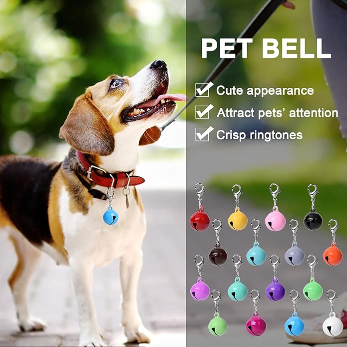 16 Pcs Cat Dog Collar Bells, Jingle Bell for Cat Collar, Dog Collar Charms, Colourful Pet Small Bells with Clasps, Pet Collar Accessories, Festival Party DIY Crafts Decoration