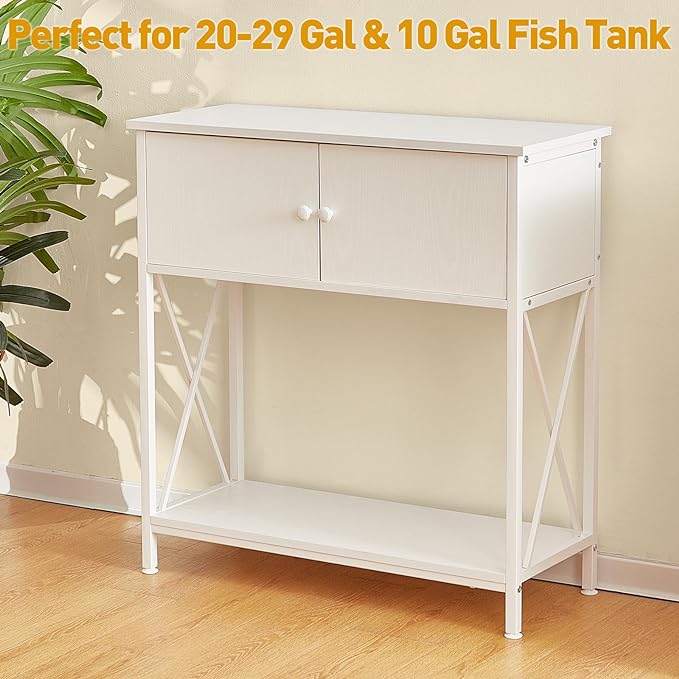 20-29 Gallon Aquarium Stand with Cabinet, 20 Gallon Long Fish Tank Stand with 31''L * 12''W Tabletop, Double Heavy Metal Stand with Stable Structure, Adjustable Table Feet - White