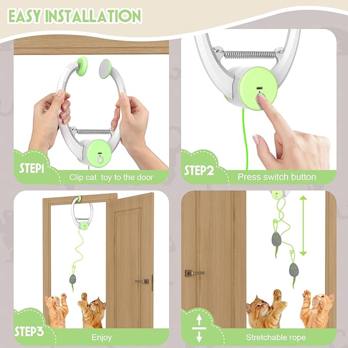 Cat Toy Interactive for Indoor Cats, Smart USB Rechargeable Door Hanging Automatic Retractable Kitten Toys, Teaser Electronic Self Play Feather Cat String Toys Attached with 3 Catnip Mice Green