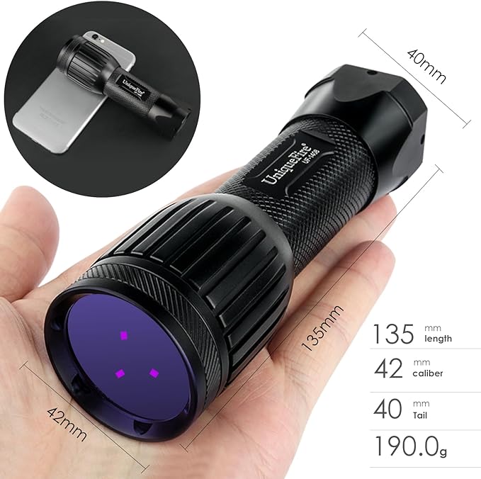 UniqueFire 1408 365nm Black Light UV Flashlight with 3 LEDs Professional UV Light,Powerful Blacklight Flashlight for Pet Urine Finding & Mineral, Antique Detection, Scorpion Search, etc