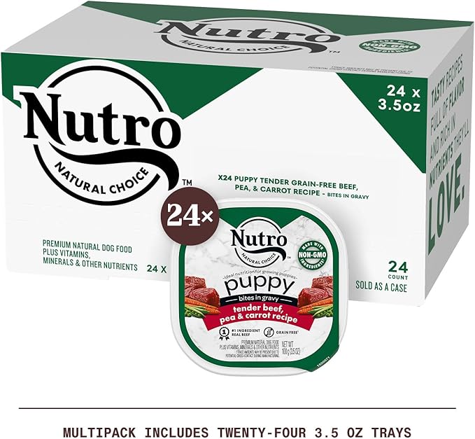 NUTRO PUPPY Grain Free Natural Wet Dog Food Bites in Gravy Tender Beef, Pea & Carrot Recipe, (24) 3.5 oz. Trays