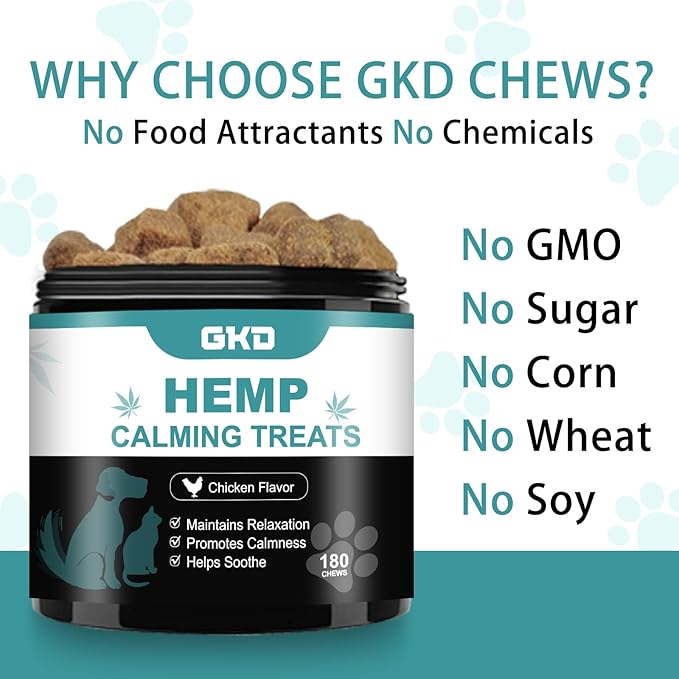GKD Calming Chews for Dogs, 180 Organic Dogs Calming Treats Hemp, Dog Separation Anxiety Relief Canine Calming Solutions for Dogs Anti Stress Treatment for Puppy-Small-Medium-Large Dogs, Calm Support