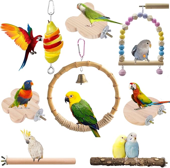 8 PCS Bird Cage Accessories Parrot Perch Bird Swings Parakeet Stand Platforms Bird Feeder Parakeet Toys for Parakeet,Cockatiel,Budgie,Conure,Cockatoo,Canary,Love Birds and Other Small Medium Birds