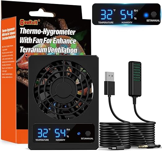 Reptile Terrarium Thermometer Hygrometer with Terrarium Ventilation Fan for Pet Rearing Box Reptile Tank LED Digital Reptile Thermometer and Humidity Gauge for Snake Bearded Dragon Gecko Frog