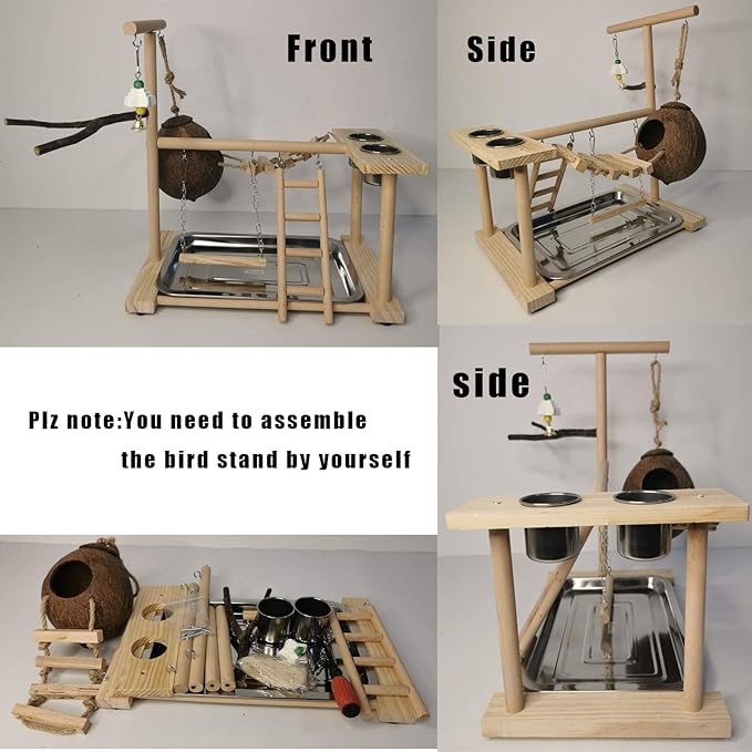 Parrots Playground Bird Play Stand Natural Wood Perch Gym Parakeet Nest Climb Swing Ladders with Feeder Cups Ladders Lovebirds Cage Accessories Toy Exercise Activity for Conure Cockatiel Lovebirds