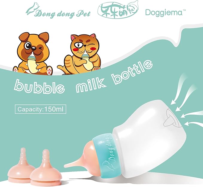 Pet Feeder Bottle,Silicone Feeding Nipple and Syringes for All Breed of Puppies,Kittens and Other Animals Dongdong pet (1 Bottle+3 Size Nipple+1 Syringe)