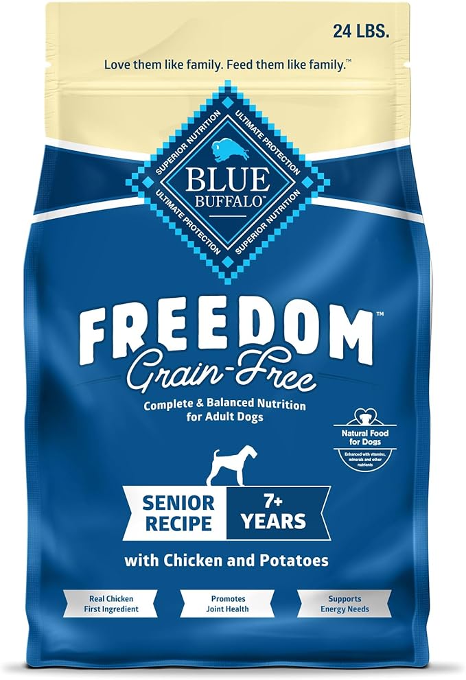 Blue Buffalo Freedom Grain-Free Senior Dry Dog Food, Provides Energy To Stay Active, Made in the USA with Natural Ingredients, Chicken & Potatoes, 24-lb. Bag