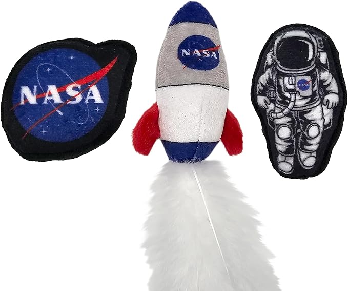 BEST PLUSH CAT TOYS - NASA Complete Set of 3 Cat Toys filled with Fresh Catnip. Includes: 1 Astronaut Shaped Toy, 1 Rocketship Toy with Feathers, & 1 Planet Shaped Toy. Beautiful NASA LOGOS