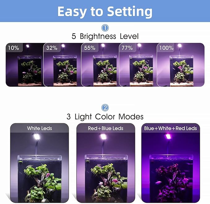 hygger 5-10 Gallon Nano Tank Mini Clip-on Aquarium Light with White Blue Red LEDs Fish Tank Lighting Built-in Timer 5 Brightness Levels 9W