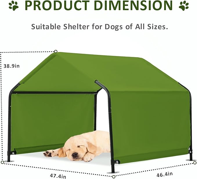 Dog Shade Shelter Outdoor Dark Green Tent for Large Medium Dogs, 4'x4'x3' Outside Sun Rain Canopy Pet House for Cats Pigs Livestock with Waterproof Roof Ground Nails