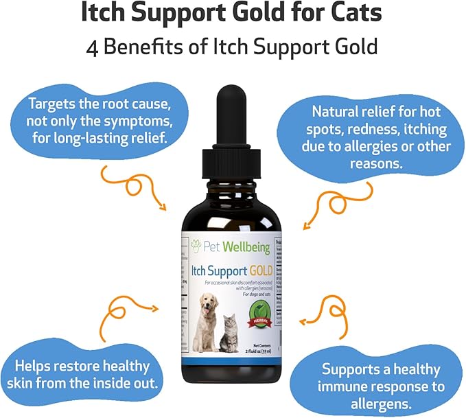 Pet Wellbeing Itch Support Gold for Cats - Vet-Formulated - Itchy Skin & Paws, Hot Spots, Skin Allergies - Natural Herbal Supplement 2 oz (59 ml)