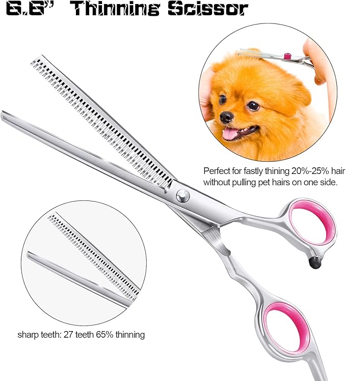 Dog Grooming Scissors with Safety Round Tips 5 in 1 Dog Scissors for Grooming 4CR Stainless Steel Grooming Scissors for Dogs and Cats, Professional Pet Grooming Shears, Pink