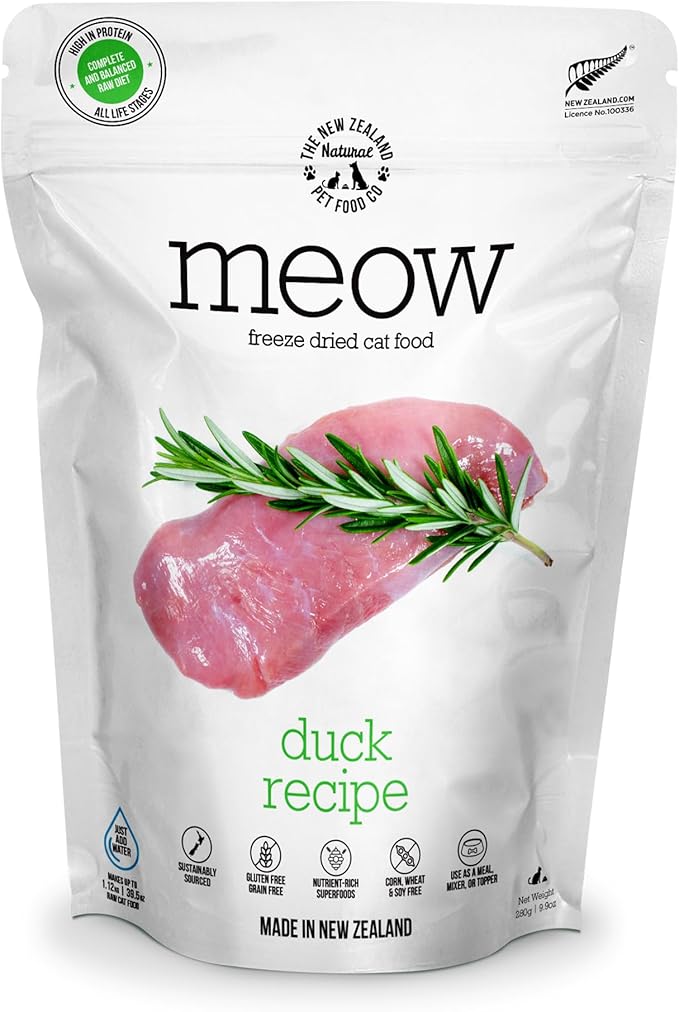 Meow Freeze Dried Cat Food - Duck Recipe, High Protein, Use as a Complete Diet, Topper, Mixer, or as Cat Treats, All Life Stages, 9.9 oz