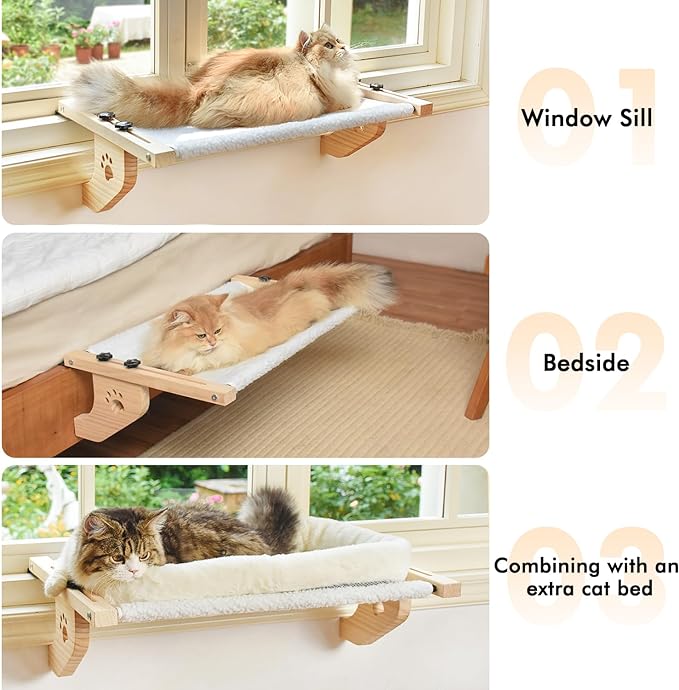 AMOSIJOY Cat Sill Window Perch Sturdy Cat Hammock Window Seat with Wood & Metal Frame for Large Cats, Easy to Adjust Cat Bed for Windowsill, Bedside, Drawer and Cabinet (24.4''-White Plush)