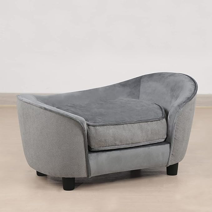 Pet Sofa Bed, Velvet & Linen Fabric Pet Couch Chair with Removeable & Washable Cushion for Small Dogs Cats (Light gray)
