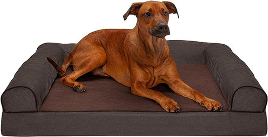 Furhaven Orthopedic Dog Bed for Large Dogs w/ Removable Bolsters & Washable Cover, For Dogs Up to 95 lbs - Sherpa & Chenille Sofa - Coffee, Jumbo/XL