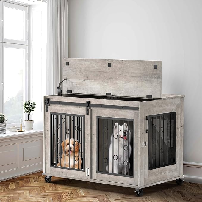 Furniture Style Dog Crate End Table with Sliding Barn Door, Indoor Dog Kennel Furniture with Removable Divider for 2 Small to Medium Pets, Grey, 39.37''W×25.2''D×28.94''H