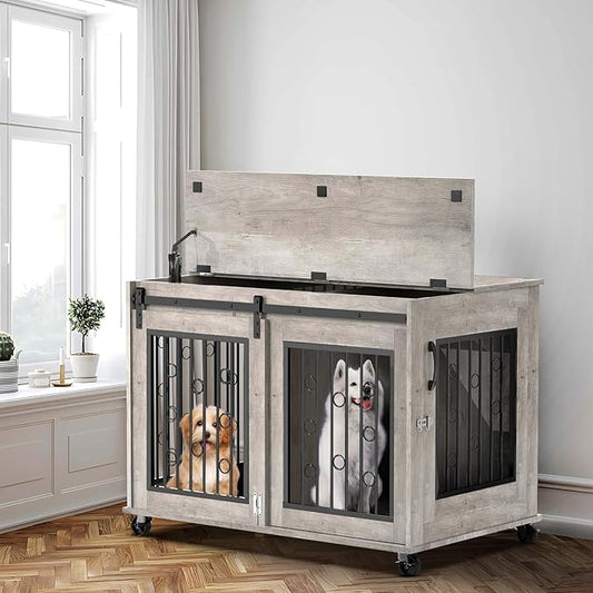 Furniture Style Dog Crate End Table with Sliding Barn Door, Indoor Dog Kennel Furniture with Removable Divider for 2 Small to Medium Pets, Grey, 39.37''W×25.2''D×28.94''H