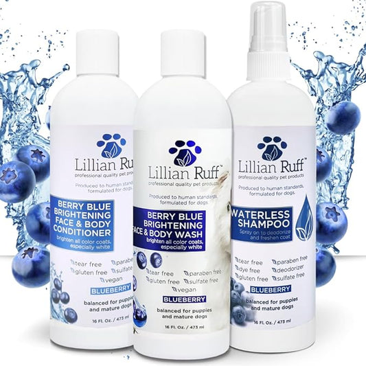 Lillian Ruff Berry Blue Brightening Face and Body Wash for Dogs - Blueberry Shampoo - Remove Tear Stains, Hydrate Dry Itchy Skin, Add Shine & Luster to Coats (Berry Blue Brilliance Bundle)