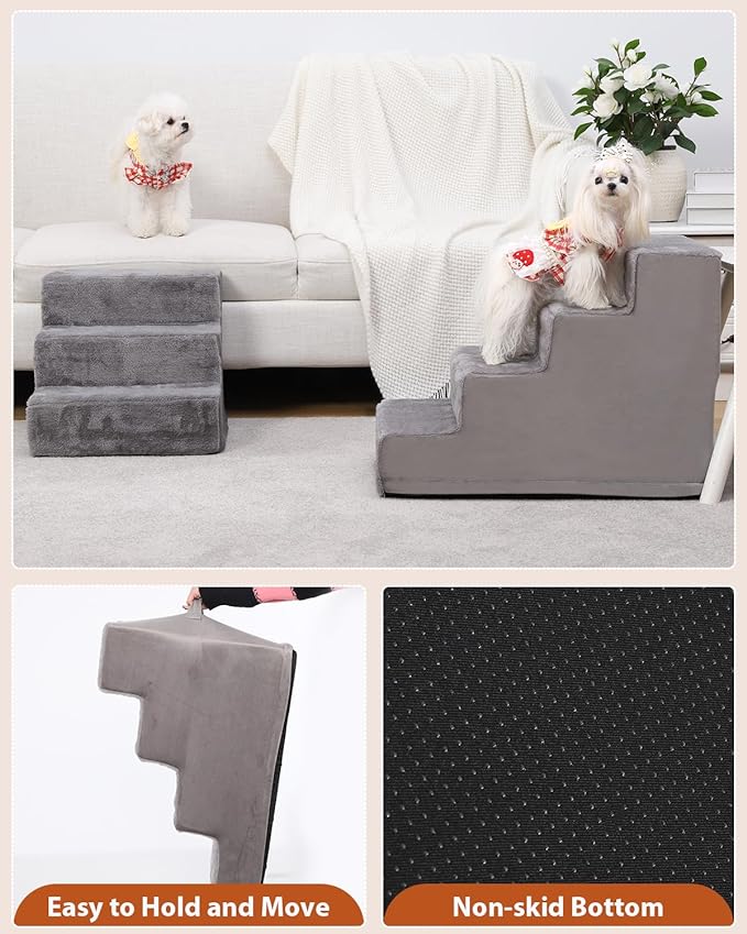 Dog Stairs for Small Dogs 13.5'' 3-Step Pet Stairs for High Beds and Couches，Dog Steps with Non-Slip Bottom and Removable Cover Indoor Outdoor, Grey