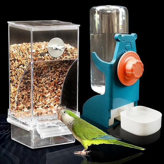 No Mess Bird Water Feeder Dispenser Set, Automatic Bird Feeder for Cage, Parakeet Cage Accessories, Parrot Cockatiel Seed Food Container Drinker for Squirrel Finch Lovebirds Budgies Canary